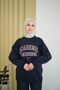 Yazı Baskılı Nakış İşlemeli Oversize Sweat Lacivert