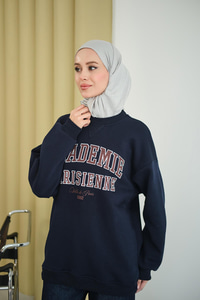 Yazı Baskılı Nakış İşlemeli Oversize Sweat Lacivert