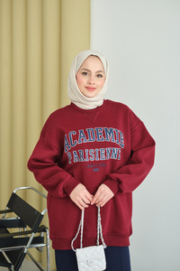 Yazı Baskılı Nakış İşlemeli Oversize Sweat Bordo