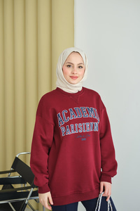Yazı Baskılı Nakış İşlemeli Oversize Sweat Bordo
