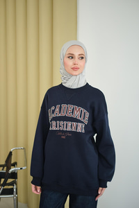 Yazı Baskılı Nakış İşlemeli Oversize Sweat Lacivert