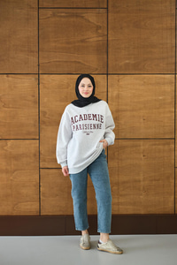 Yazı Baskılı Nakış İşlemeli Oversize Sweat Gri