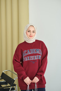 Yazı Baskılı Nakış İşlemeli Oversize Sweat Bordo
