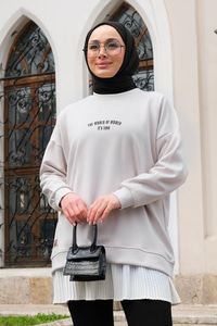 Yazı Baskılı Oversize Sweat Krem