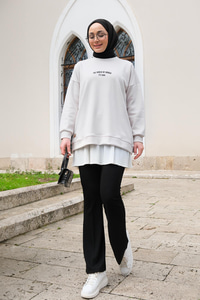 Yazı Baskılı Oversize Sweat Krem