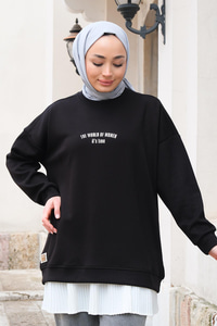 Yazı Baskılı Oversize Sweat Siyah