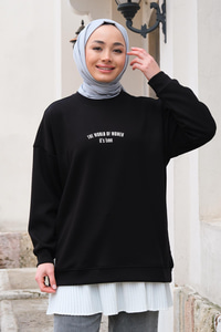 Yazı Baskılı Oversize Sweat Siyah