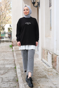 Yazı Baskılı Oversize Sweat Siyah