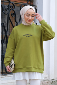 Yazı Baskılı Oversize Sweat Yağ Yeşil