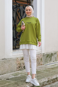 Yazı Baskılı Oversize Sweat Yağ Yeşil