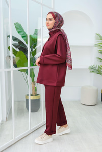 Yelek Detaylı Üçlü Takım Bordo