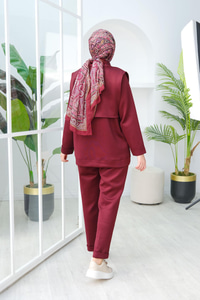 Yelek Detaylı Üçlü Takım Bordo