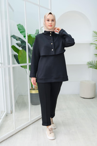 Yelek Detaylı Üçlü Takım Siyah