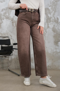 Yıkama Desen Kemerli Pantolon Kahverengi