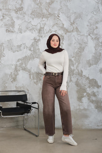 Yıkama Desen Kemerli Pantolon Kahverengi