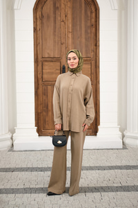 Yıkama Detay Beli Lastikli Boru Paça Gömlekli Takım Vizon