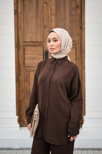 Yıkama Detay Beli Lastikli Boru Paça Gömlekli Takım Kahverengi