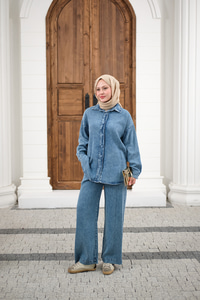 Yıkama Detay Beli Lastikli Boru Paça Gömlekli Takım Buz Mavi