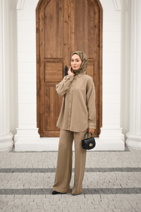 Yıkama Detay Beli Lastikli Boru Paça Gömlekli Takım Vizon