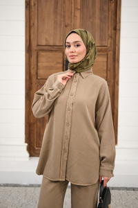 Yıkama Detay Beli Lastikli Boru Paça Gömlekli Takım Vizon