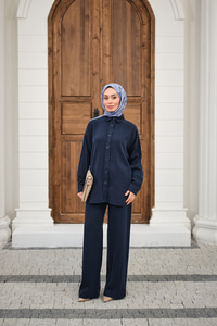 Yıkama Detay Beli Lastikli Boru Paça Gömlekli Takım Lacivert