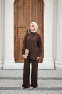 Yıkama Detay Beli Lastikli Boru Paça Gömlekli Takım Kahverengi