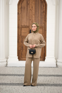 Yıkama Detay Beli Lastikli Boru Paça Gömlekli Takım Vizon