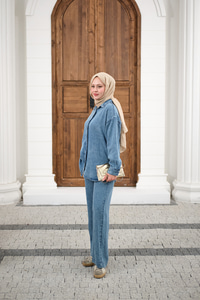 Yıkama Detay Beli Lastikli Boru Paça Gömlekli Takım Buz Mavi