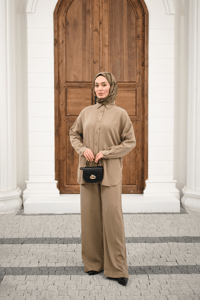 Yıkama Detay Beli Lastikli Boru Paça Gömlekli Takım Vizon