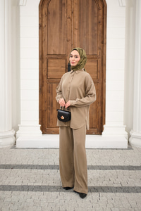 Yıkama Detay Beli Lastikli Boru Paça Gömlekli Takım Vizon