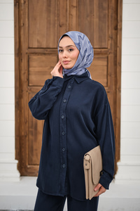 Yıkama Detay Beli Lastikli Boru Paça Gömlekli Takım Lacivert