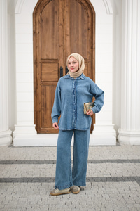 Yıkama Detay Beli Lastikli Boru Paça Gömlekli Takım Buz Mavi