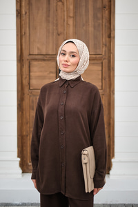 Yıkama Detay Beli Lastikli Boru Paça Gömlekli Takım Kahverengi