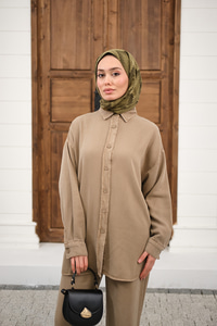 Yıkama Detay Beli Lastikli Boru Paça Gömlekli Takım Vizon