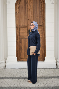 Yıkama Detay Beli Lastikli Boru Paça Gömlekli Takım Lacivert