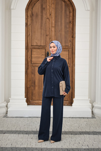 Yıkama Detay Beli Lastikli Boru Paça Gömlekli Takım Lacivert