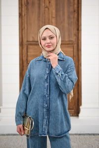 Yıkama Detay Beli Lastikli Boru Paça Gömlekli Takım Buz Mavi