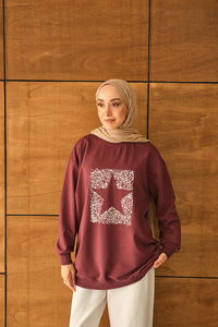 Yıldız Baskılı Sweatshirt Bordo