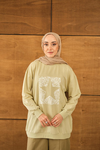 Yıldız Baskılı Sweatshirt Su Yeşil