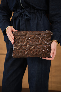 Yıldız Desenli Clutch Çanta Kahverengi