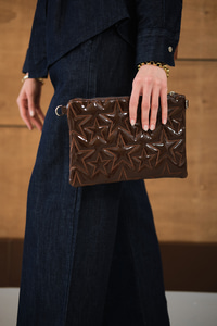 Yıldız Desenli Clutch Çanta Kahverengi