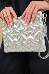 Yıldız Desenli Parlak Clutch Çanta Gri
