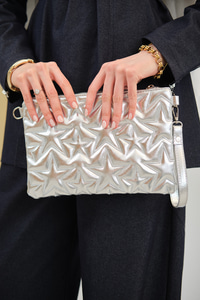 Yıldız Desenli Parlak Clutch Çanta Gri