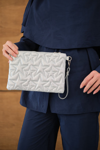 Yıldız Desenli Sim Detay Clutch Çanta Gri