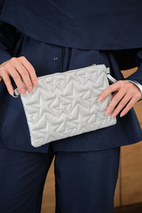 Yıldız Desenli Sim Detay Clutch Çanta Gri