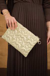 Yıldız Desenli Sim Detay Clutch Çanta Sarı