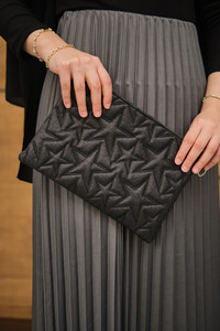 Yıldız Desenli Sim Detay Clutch Çanta Siyah