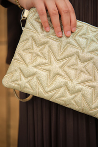 Yıldız Desenli Sim Detay Clutch Çanta Sarı
