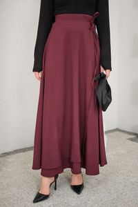 Yırtmaç Detay Kurdeleli Etek Bordo