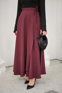 Yırtmaç Detay Kurdeleli Etek Bordo
